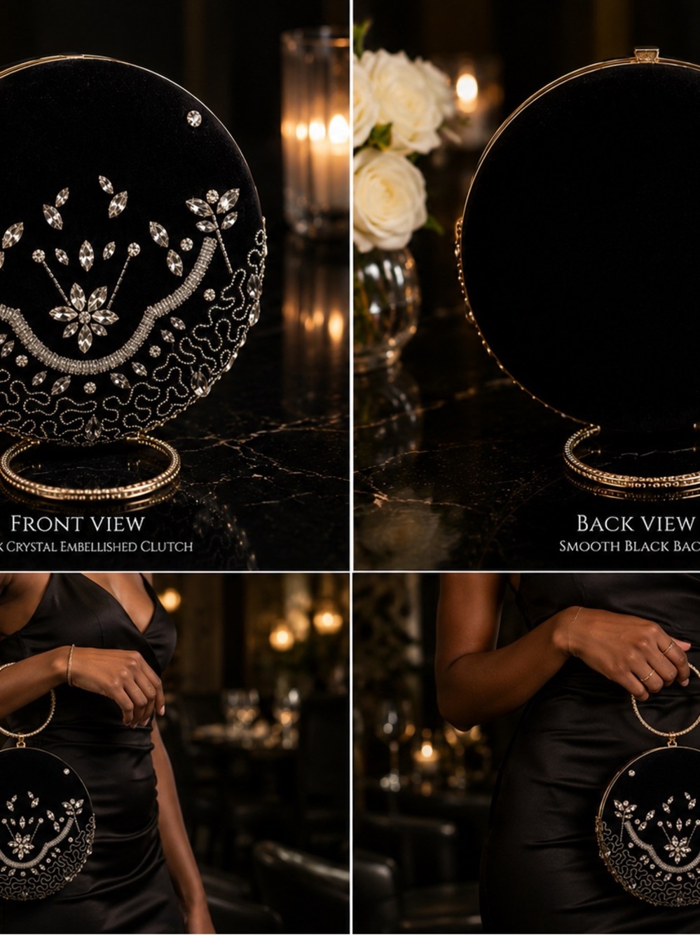 Black Crystal-Embellished Round Evening Clutch